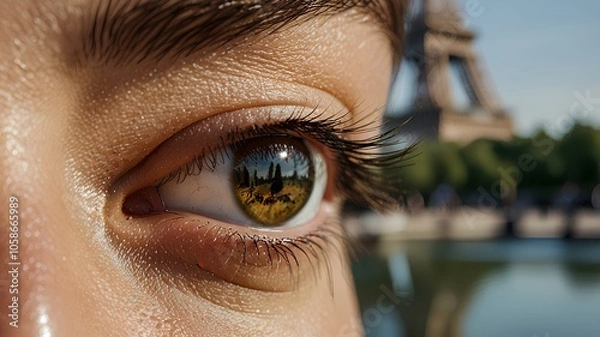 Fototapeta Close up of a persons eye with a reflection of the eiffel tower.