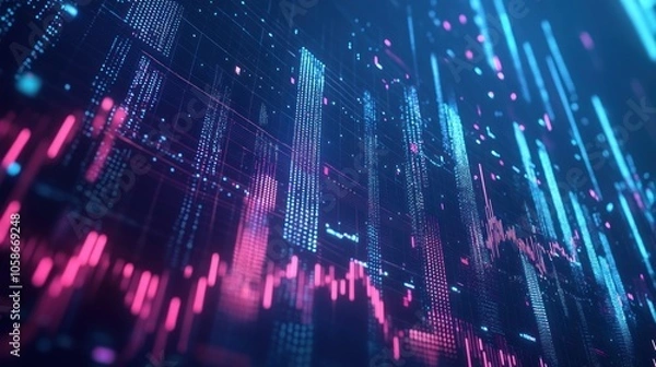 Fototapeta Abstract digital data visualization with pink and blue lines and dots on a dark background.