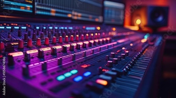 Fototapeta An empty music studio with computer monitors and mixing desk, set against the soft light of the blue hour