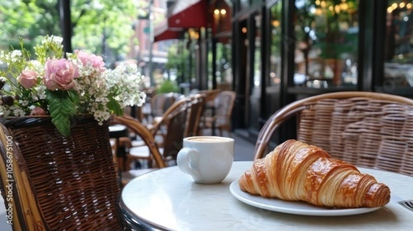Fototapeta A cup of coffee and a croissant on a table at a cafe in a city.