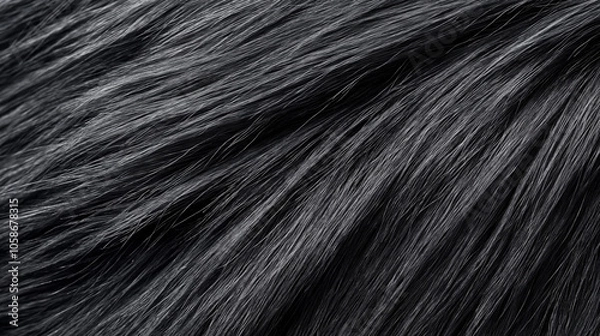Fototapeta Close-up view of dark black fur texture with flowing strands creating a rich, soft and luxurious appearance