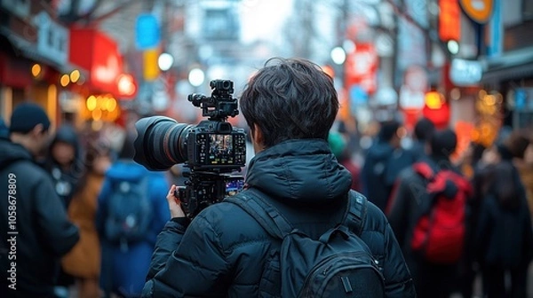 Fototapeta Videographer Capturing City Life