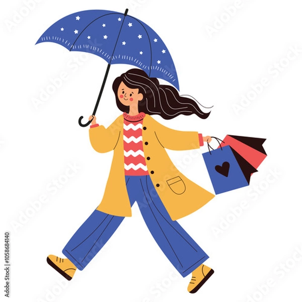 Obraz Woman with bags on the shopping. Vector cartoon illustration