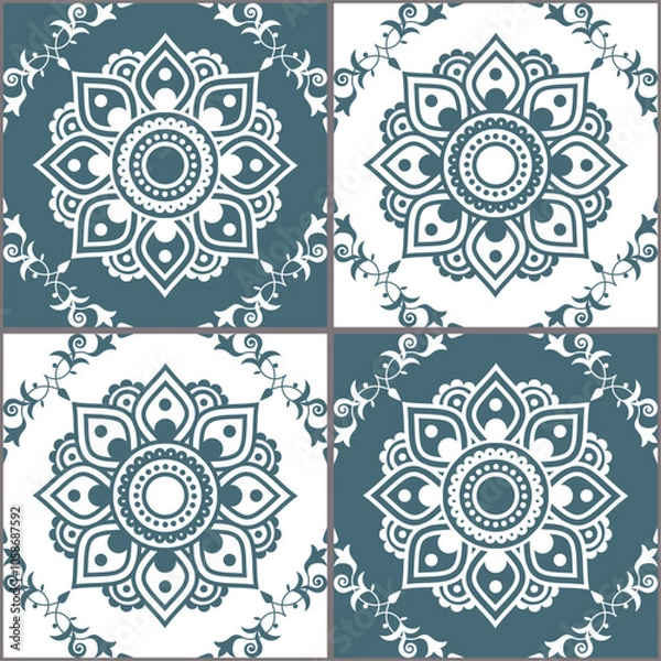 Fototapeta Floral mandala tiles vector seamless pattern inspired by tattoo Mehndi art from India. Non-AI generated
