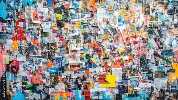 Obraz A wall covered in colorful, overlapping posters and flyers.