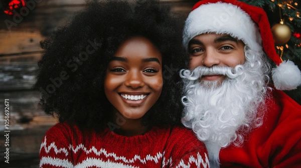 Obraz Xmas vibes - merry christmas - senior woman wearing ugly christmas sweater with Santa Claus, smiling at the camera