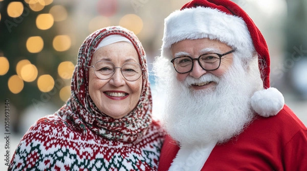 Obraz Xmas vibes - merry christmas - senior woman wearing ugly christmas sweater with Santa Claus, smiling at the camera