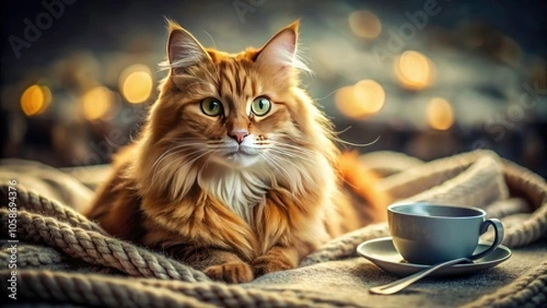 Fototapeta Long-Furred Cat on Blanket with Cup and Spoon â€“ Cozy Home Setting, Pet Photography, Feline Portraits, Indoor Cat Scene, Soft Textures, Animal Companionship, Cute Cat Expressions