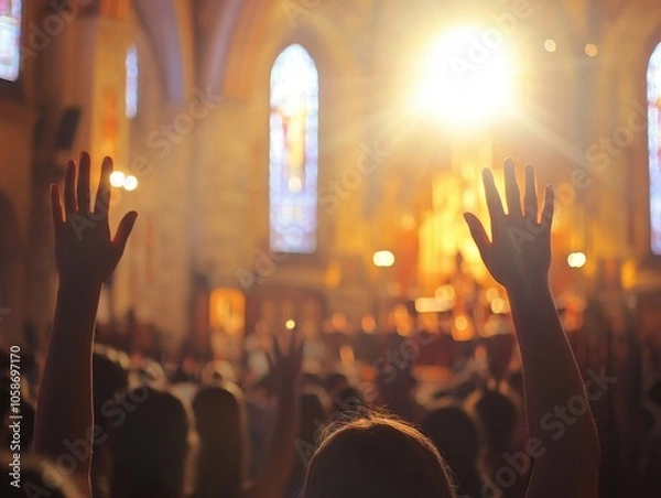 Fototapeta A photography of a congregation worshiping in a church with raised hands and stained glass windows