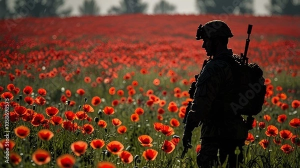 Fototapeta A silhouette of a military soldier standing in a field of poppies. Remembrance day.