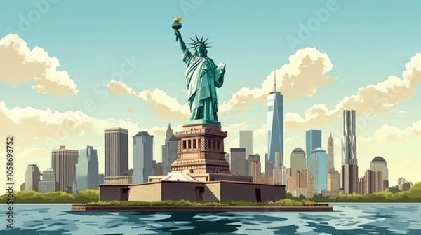 Fototapeta A picturesque view of the Statue of Liberty standing tall amidst the New York City skyline with clear blue skies and white clouds.
