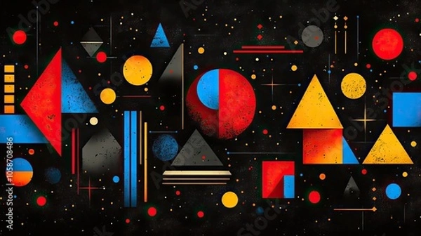 Fototapeta vibrant pattern featuring triangles, squares, circles, and lines in abstract geometric shapes against black background