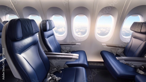 Fototapeta 飛行機の機内座席と青空