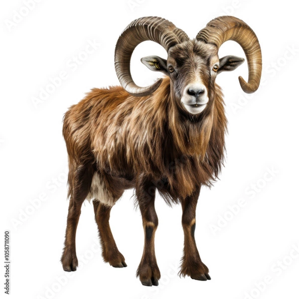 Fototapeta ram with long horns stands in front of a white background