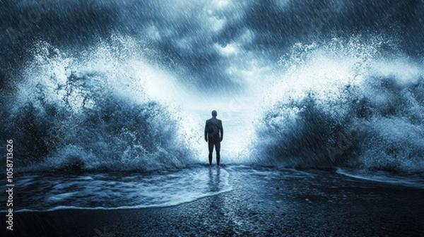 Fototapeta A lone man stands on a beach, facing huge waves crashing down on either side of him, under a dark and stormy sky.