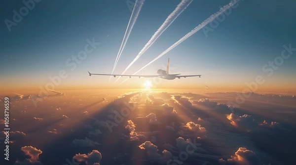 Fototapeta Jet aircraft flying across the horizon at high altitude, contrail disappearing against the backdrop of a glowing sunset