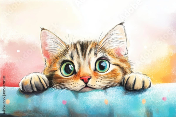 Fototapeta A Curious Kitten Peeks Over a Colorful Blanket With Big Expressive Eyes in Soft Lighting