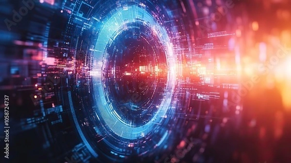 Fototapeta Abstract futuristic design with digital technology elements in blue and purple tones, centered around white circle with arrows and gears