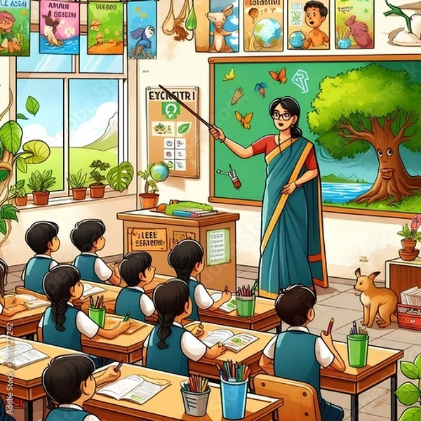 Fototapeta A classroom scene where an Indian teacher educates students about environmental issues, using posters and eco-friendly activities.