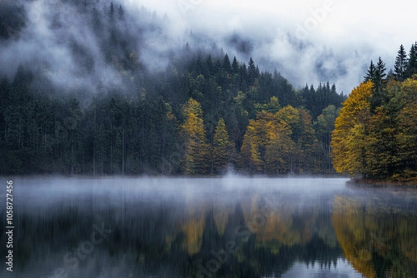 Fototapeta Misty autumn morning at a lake surrounded by colorful trees
