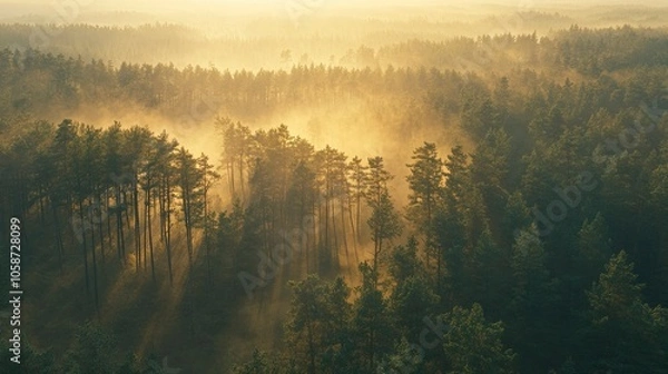 Fototapeta Aerial view on green pine forest illuminated by the morning sunlight. Panoramic image