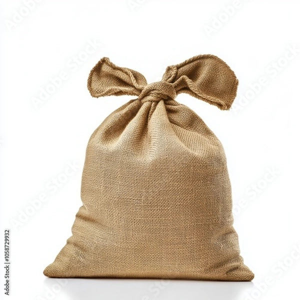 Fototapeta Hessian sack tied at the top, displayed on a white isolated background.