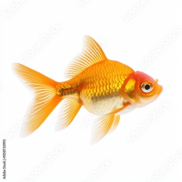 Fototapeta A vibrant goldfish swimming gracefully, displaying its beautiful fins and scales on a white isolated background.