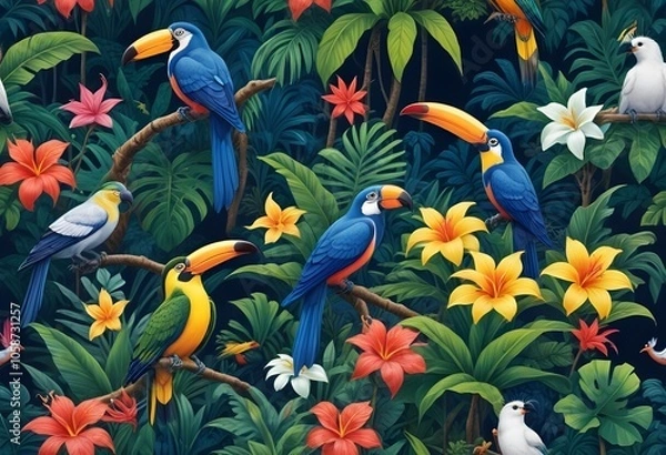 Fototapeta Tropical exotic pattern with animal and flowers in bright colors and lush vegetationn