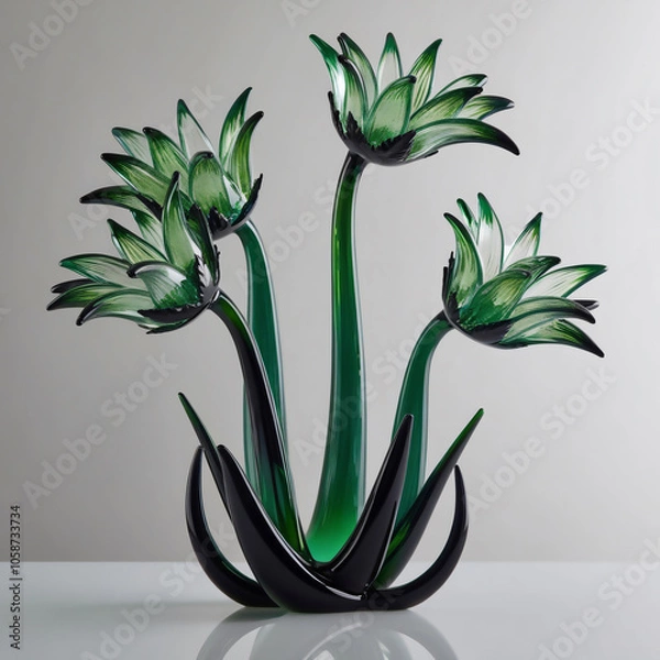 Fototapeta Elegant glass sculpture of Shungiku (Chrysanthemum Greens) showcasing vibrant green hues against a light gray background, highlighting intricate craftsmanship, generative ai