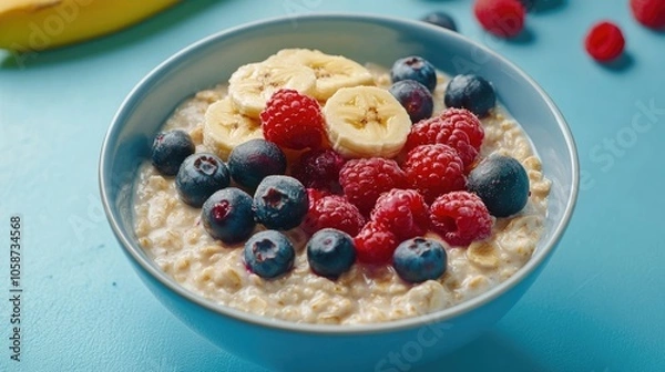 Fototapeta Bowl of oatmeal porridge topped with assorted berries and banana on a blue surface Nutritious and diet friendly breakfast option