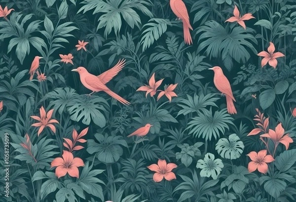 Fototapeta Tropical exotic pattern with animal and flowers in bright colors and lush vegetationn