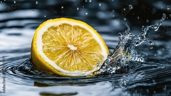 Fototapeta A vibrant lemon slice splashing into water on a dark backdrop representing freshness and vitality
