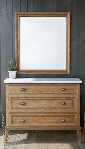 Obraz Wooden Chest of Drawers with Marble Top, Blank Picture Frame Leaning on Dark Wall, Home Decor Mockup