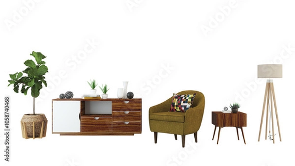 Fototapeta Interior furniture set 3D render. Living room house floor template background mockup design , isolated on transparent background	
