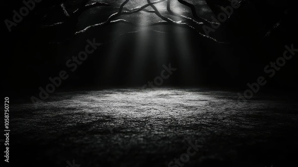 Fototapeta A dark, foreboding forest with beams of light piercing through the canopy