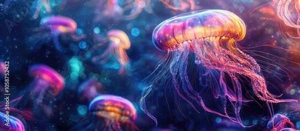 Fototapeta Beautiful Jellyfish Medusa In The Neon Light With The Fishes Underwater Life In Ocean Jellyfish Exciting And Cosmic Sight