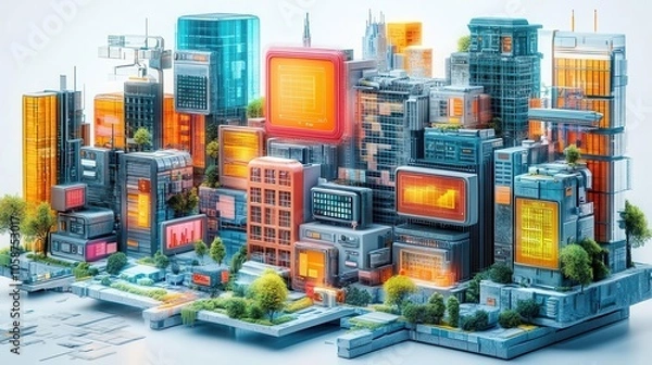 Fototapeta futuristic 3d-rendered icons representing various digital and business concepts, showcasing innovation and technology in a visually appealing and imaginative manner