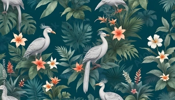 Fototapeta Tropical exotic pattern with animal and flowers in bright colors and lush vegetationn