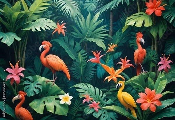 Fototapeta Tropical exotic pattern with animal and flowers in bright colors and lush vegetationn