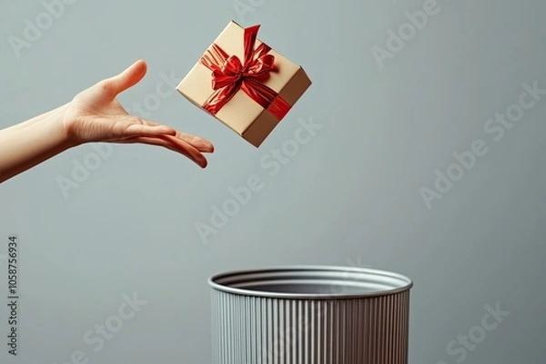 Fototapeta Hand throwing gift box into trash bin or waste bucket. Rejected bad gift concept