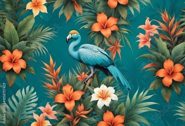 Fototapeta Tropical exotic pattern with animal and flowers in bright colors and lush vegetationn