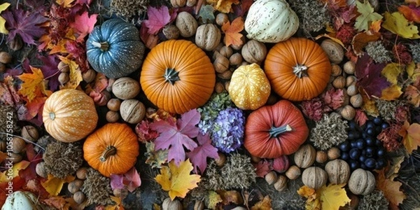 Obraz A seasonal autumn backdrop featuring a flat lay arrangement of pumpkins, nuts, colorful autumn leaves, and dried flowers creates a festive atmosphere.