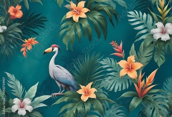 Fototapeta Tropical exotic pattern with animal and flowers in bright colors and lush vegetationn