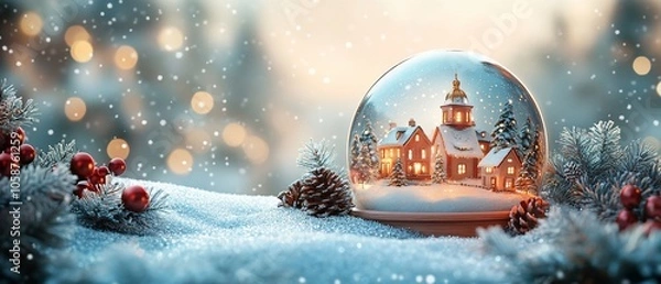 Fototapeta A snow globe featuring a cozy winter village scene with falling snow and festive decorations.