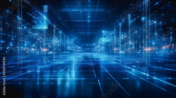 Fototapeta This captivating digital image features an expansive floor illuminated by intricate blue patterns, creating a futuristic and vibrant environment suitable for various creative projects.