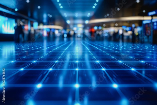 Fototapeta Explore an expansive digital floor featuring glowing blue lights, perfect for conveying modern technology and futuristic ambiance in various settings.
