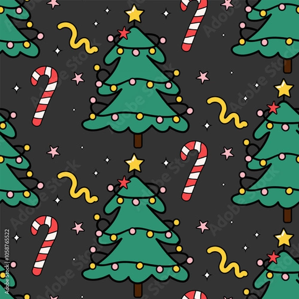 Fototapeta Merry Christmas groovy seamless pattern. Xmas tree, candy, star in a groovy retro cartoon style. Vector illustration for textile, packaging, wallpaper, wrapping paper