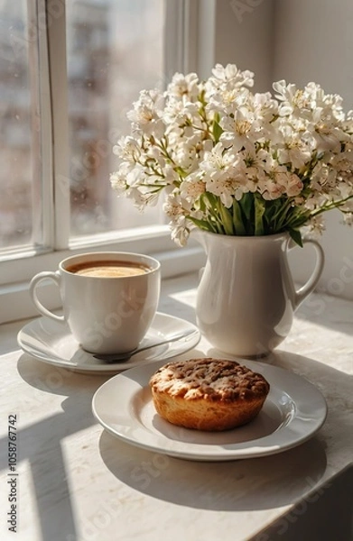 Fototapeta A cup of coffee, fresh bakery, white flowers bouquet on a table. Celebrating of spring and 8 March. Simple light festive card. Good morning calm vibe. Breakfast at home. Mental health. Window view.	