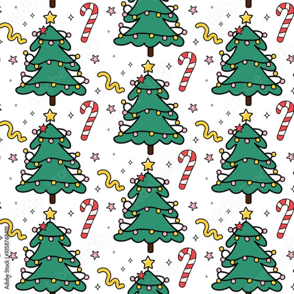 Fototapeta Merry Christmas groovy seamless pattern. Xmas tree, candy, star in a groovy retro cartoon style. Vector illustration for textile, packaging, wallpaper, wrapping paper