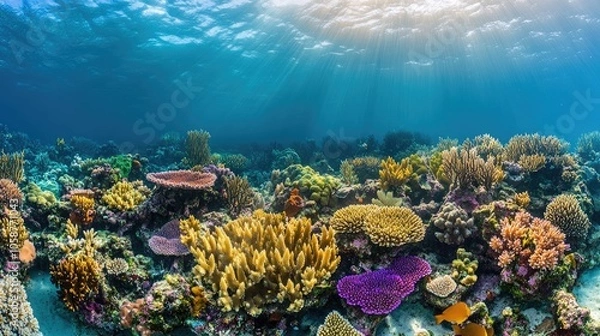 Fototapeta Vibrant coral garden habitat underwater captured in this photo highlights the beauty of colorful corals, offering a glimpse into a thriving marine ecosystem with ample copy space.